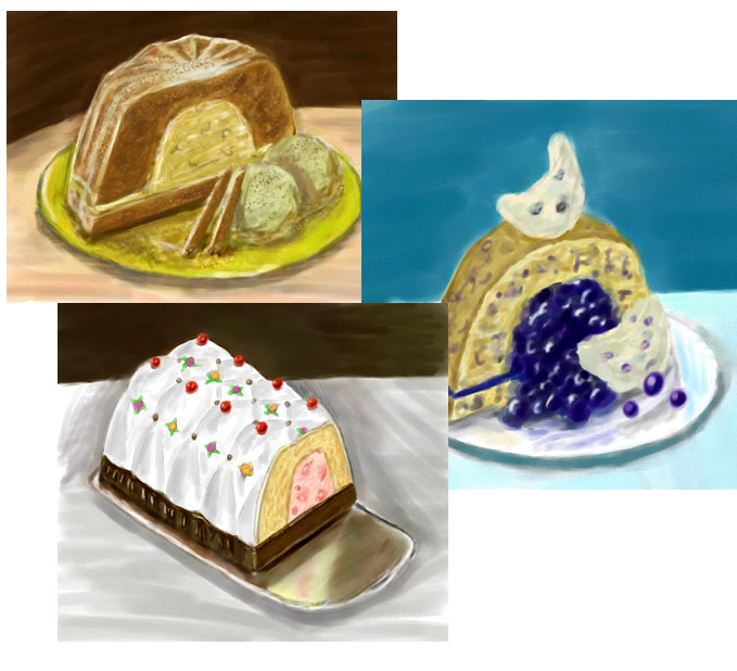 Digital watercolor images of cakes for client (too cheap to bake 'em?)